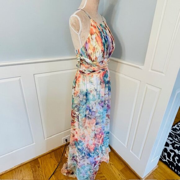Aidan Mattox Watercolor Cutout Chiffon Maxi Gown Bridesmaid Halter Medium - Picture 5 of 10